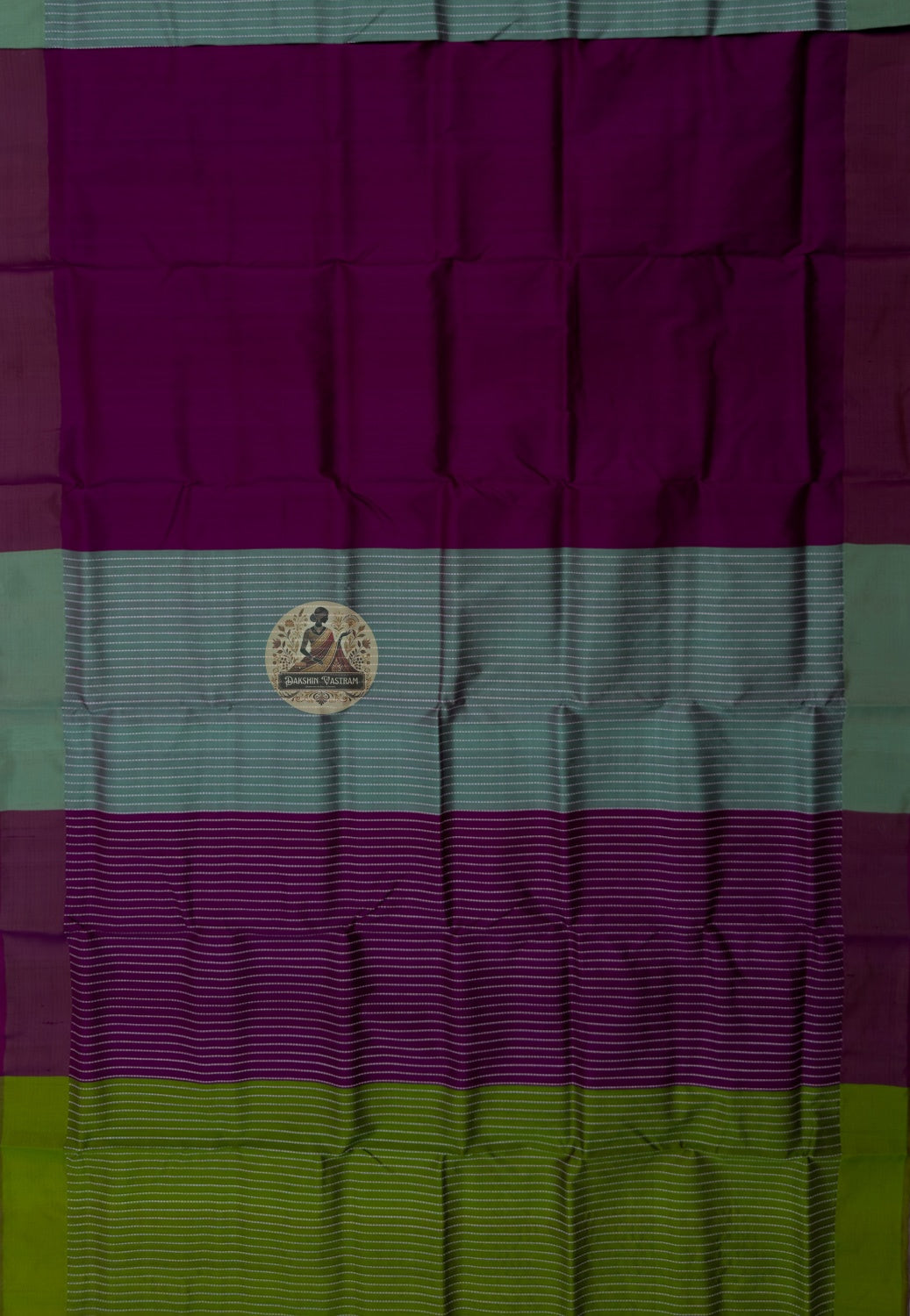 Full flat-lay view of Bishnupur Pure Katan Silk Saree showing complete handwoven silk body, traditional Bengali motif border, and richly detailed pallu — part of Durga Puja 2026 Collection