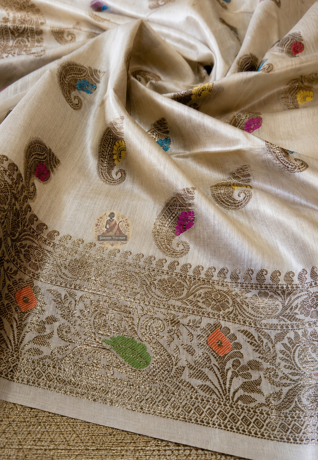 Matching blouse piece of Banarasi Muga Tussar Saree in naturally golden Muga silk with handwoven Banarasi zari border, included with the saree