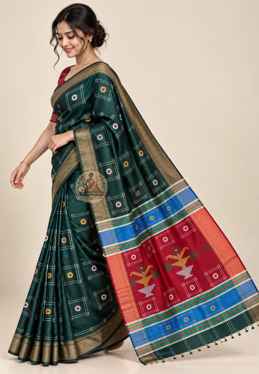 Front view of Bishnupur Katan silk saree showing smooth structured pure silk drape and traditional Bengal motifs woven across the body