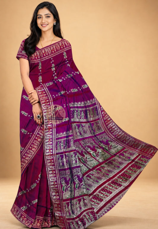 Front view of Bishnupur Baluchari Silk Saree in pure lustrous silk with handwoven mythological pallu and traditional border, draped for Durga Puja and weddings in West Bengal