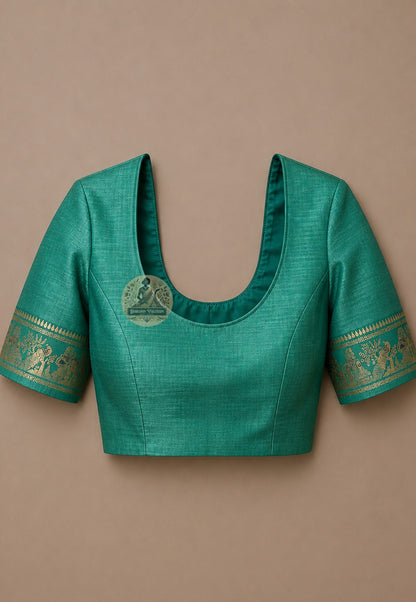 Matching blouse piece included with teal green Swarnachari Silk Saree golden zari Mahabharata Shakuntala narrative Bishnupur Durga Puja 2026