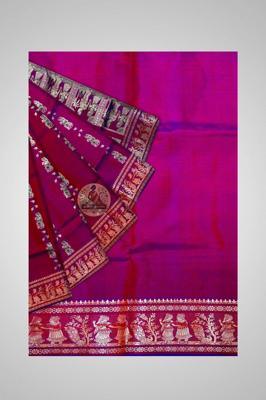 Lustrous Baluchari silk saree in forest green with intricate zari figures and woven pallu