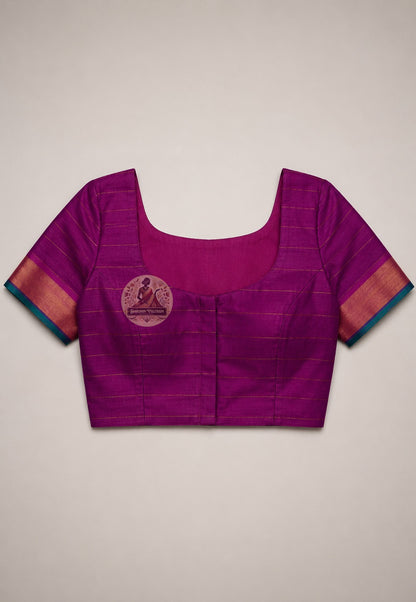 Close-up of blouse piece from Bishnupur Pure Katan Silk Saree, highlighting the weight without heaviness and sheen without glare of authentic handwoven Katan silk fabric
