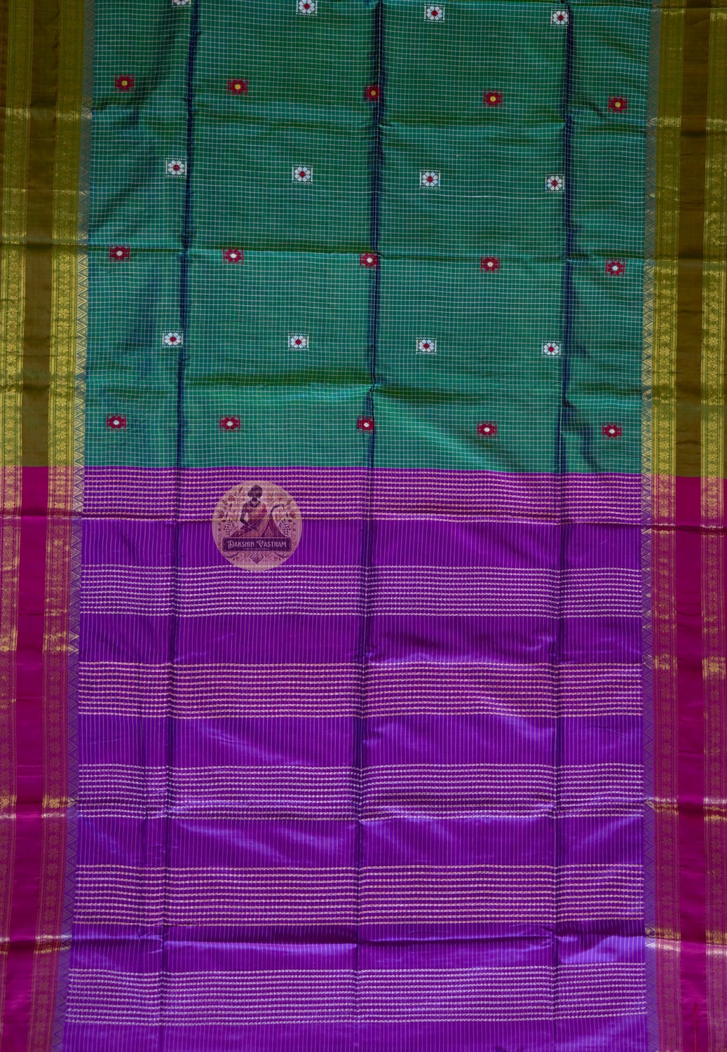 Full view of Bishnupuri pure katan silk saree in complete drape – the art of being seen in handwoven Bengal heritage silk, for Diwali, weddings and cultural galas worldwide