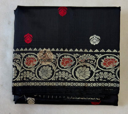 Premium Baluchari saree in graphite grey with intricate zari mythological border and traditional Bengali pallu