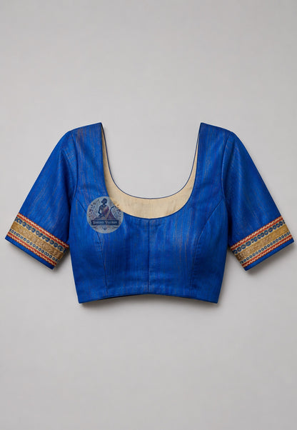 Close-up of Ghicha Tussar Silk blouse fabric showing warmly uneven handloom weave and wild Tussar silk depth, crafted for mundan ceremonies in Varanasi and Indian festive occasions