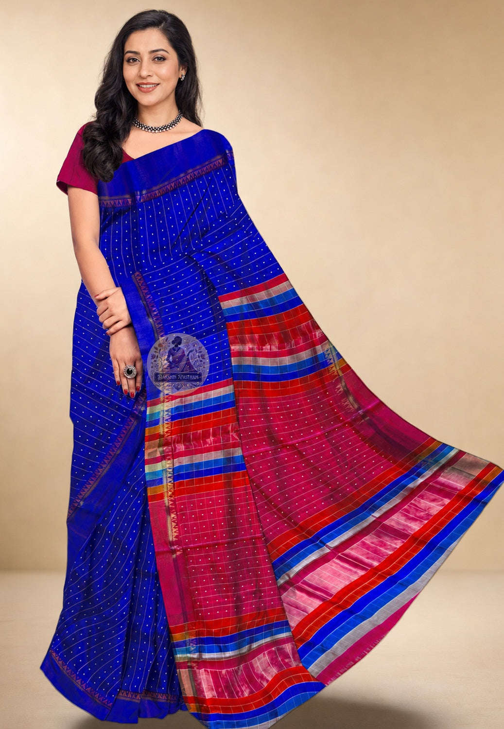 Bishnupur Silk Bindu Buti Saree front view – handwoven pure silk with woven dot-and-sprig motifs, perfect for Diwali in Tampa and cultural galas in USA | Dakshin Vastram