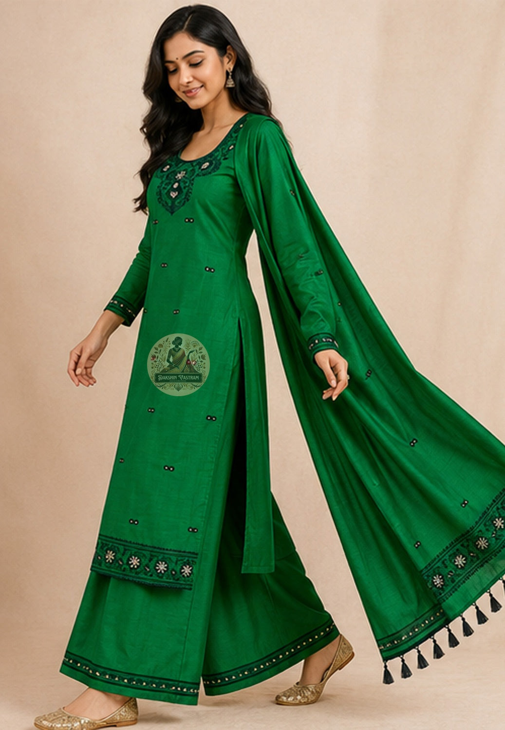 Deep forest green Baluchari silk kurti material with traditional woven motifs — pure Mulberry silk Bengal handloom