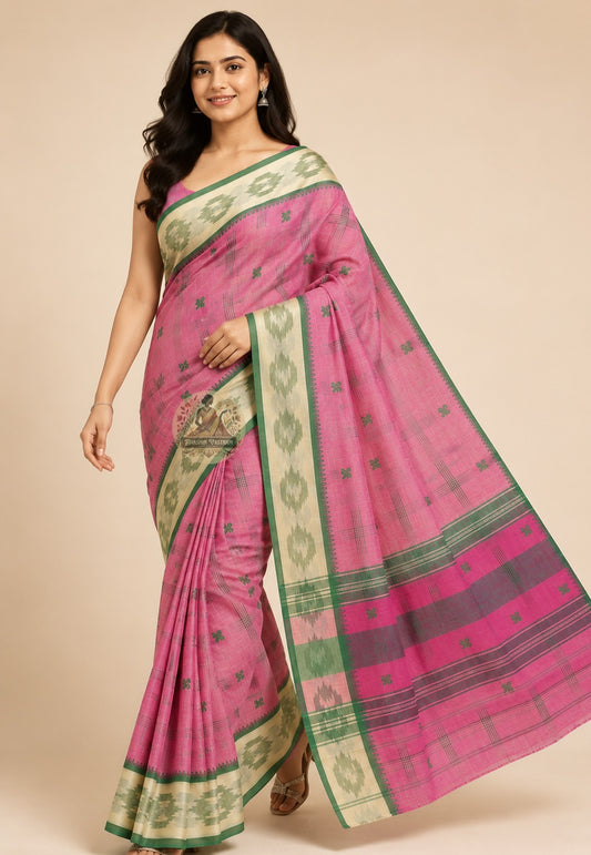 Side view of lightweight pure cotton handloom saree showing effortless drape and natural fall, ideal for campus wear and family celebrations