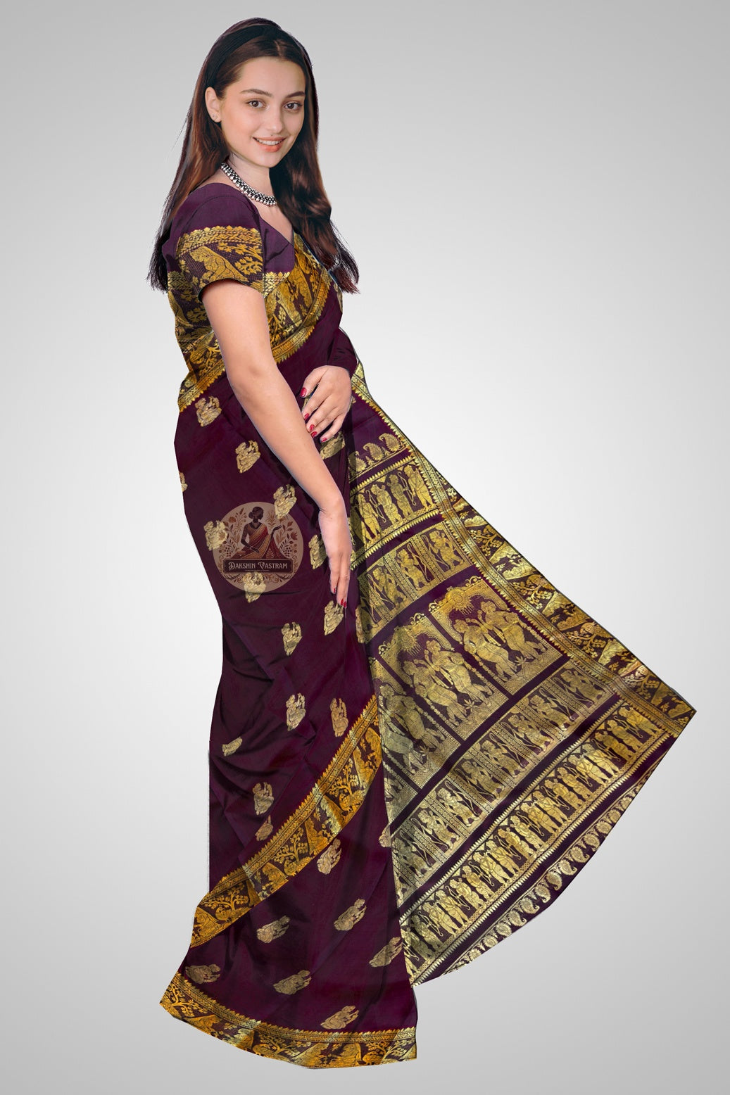 Shop Baluchari Silk Saree online – Side drape showing woven motifs