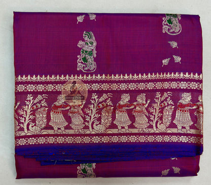 Premium Baluchari saree in mustard yellow with traditional West Bengal narrative weave