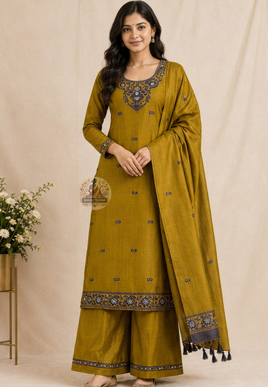 Handwoven mustard yellow Baluchari silk kurti piece with Resham neckline detailing and traditional woven border motifs — Dakshin Vastram