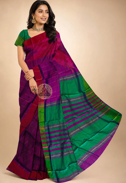 Front view of Bishnupur Pure Katan Silk Saree draped on model, showcasing handwoven Bengal heritage motifs and the rooted, deep sheen of pure mulberry silk