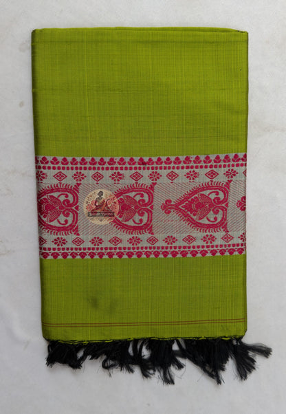 Close-up of Bishnupur Baluchari silk stole weave showing finely rendered mythological figures and geometric border woven directly into pure silk thread
