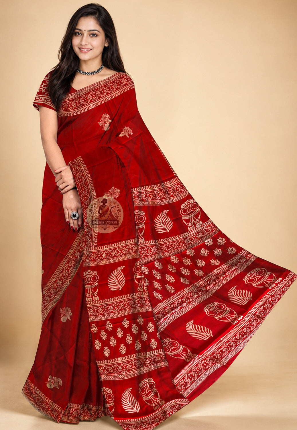 Bishnupur Silk Block Print Saree front view – handcrafted Bengal heritage silk saree, perfect Diwali gift for Indian women in Miami and Denver | Dakshin Vastram