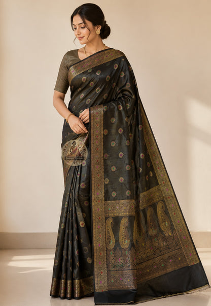 Front view of Banarasi Muga Tussar Saree in pure natural golden Muga silk with handwoven zari border, styled for bridal and festive occasions