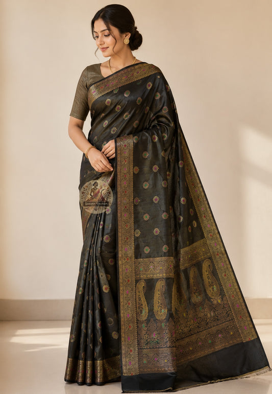 Front view of Banarasi Muga Tussar Saree in pure natural golden Muga silk with handwoven zari border, styled for bridal and festive occasions