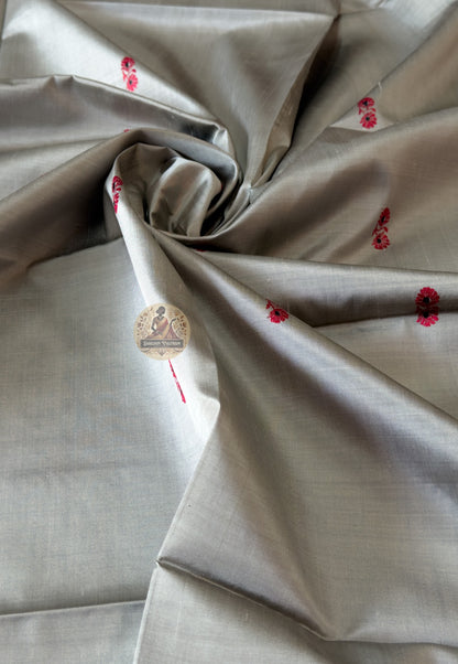 Traditional Bishnupur Baluchari silk fabric in Silver with Resham woven motifs – festive ethnic kurti material for Diwali Eid wedding receptions