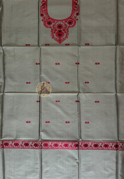 Flat lay of handloom Baluchari Mulberry silk kurti piece in Silver showing full fabric length and woven neckline panel – Dakshin Vastram