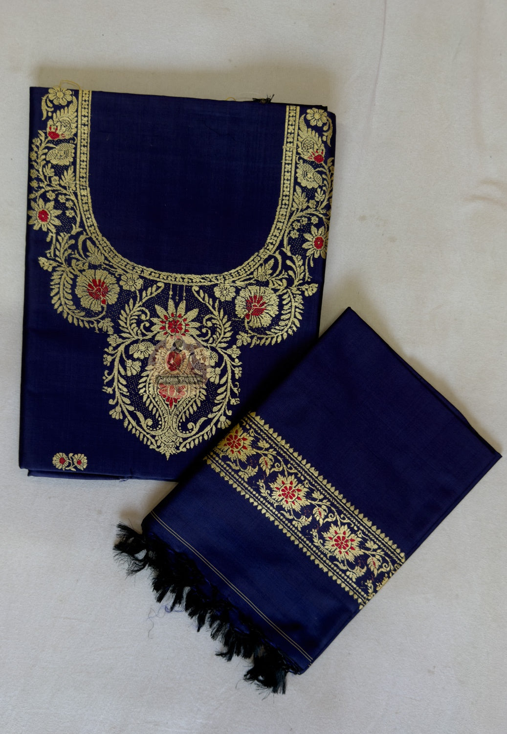 Traditional Baluchari woven border motifs on deep blue mulberry silk kurti piece — wedding and festive occasion wear