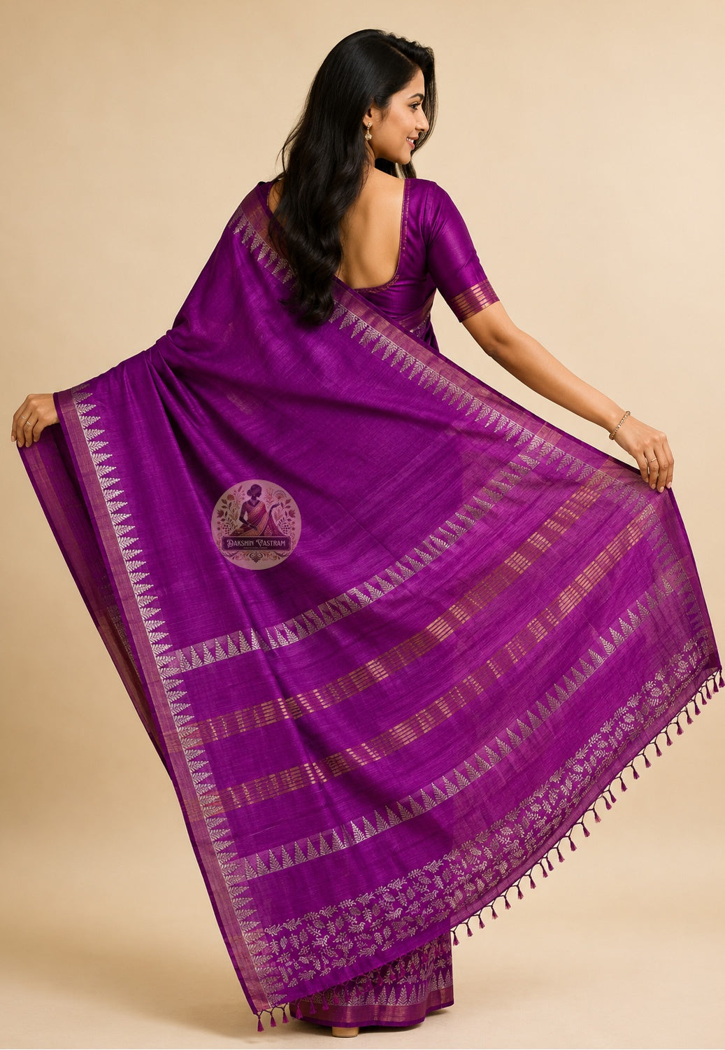 Rear view of Ghicha Tussar Silk Saree displaying handwoven pallu in deep natural Tussar tone, wild forest silk saree for wedding sangeet nights in Jaipur and Eid ul-Fitr gatherings in Hyderabad