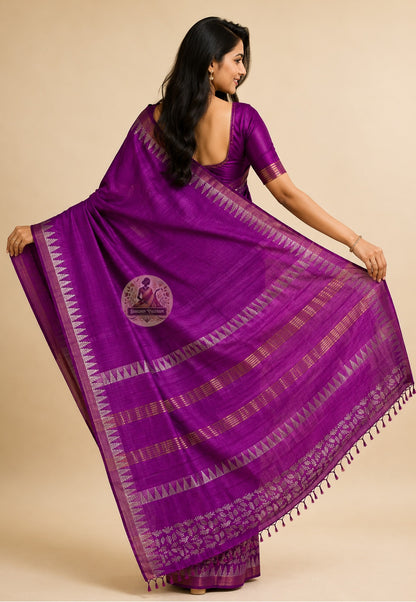 Rear view of Ghicha Tussar Silk Saree displaying handwoven pallu in deep natural Tussar tone, wild forest silk saree for wedding sangeet nights in Jaipur and Eid ul-Fitr gatherings in Hyderabad