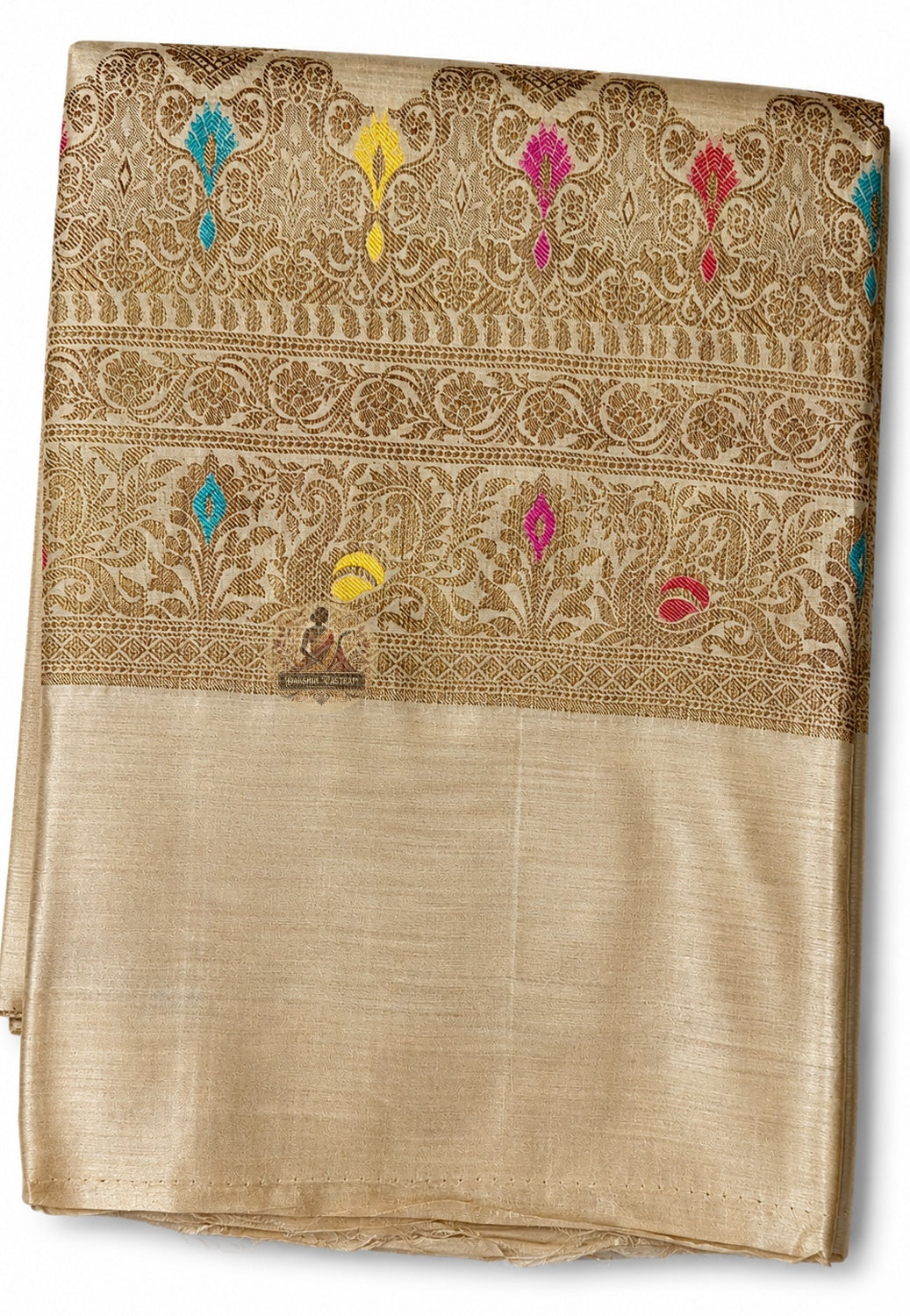 Full flat-lay of Banarasi Muga Tussar Saree in naturally golden Muga silk showing complete zari pallu, border and saree body — a cherished heirloom for Diwali, Durga Puja, weddings and gifting across Kolkata, Delhi, Mumbai, Chennai and Varanasi