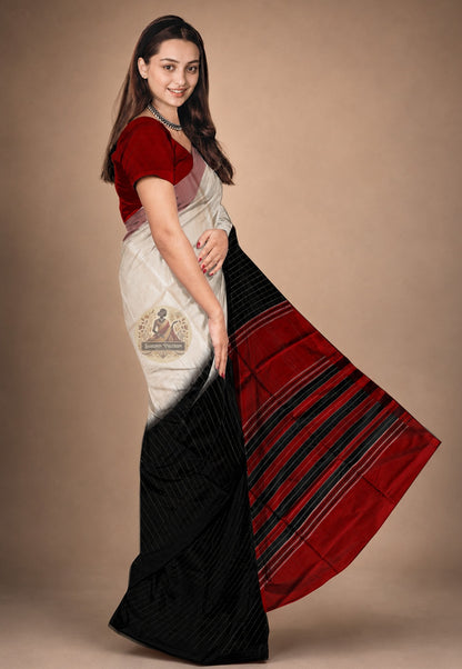 Side view of Bishnupur Katan Silk Saree showing graceful drape and fall, perfect for Durga Puja, Diwali and Bengali weddings