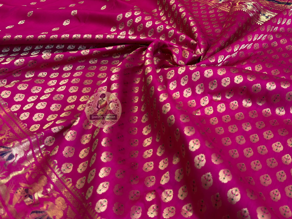 Pure mulberry silk texture of handloom Swarnachari saree – luminous, heirloom quality, shipped UK