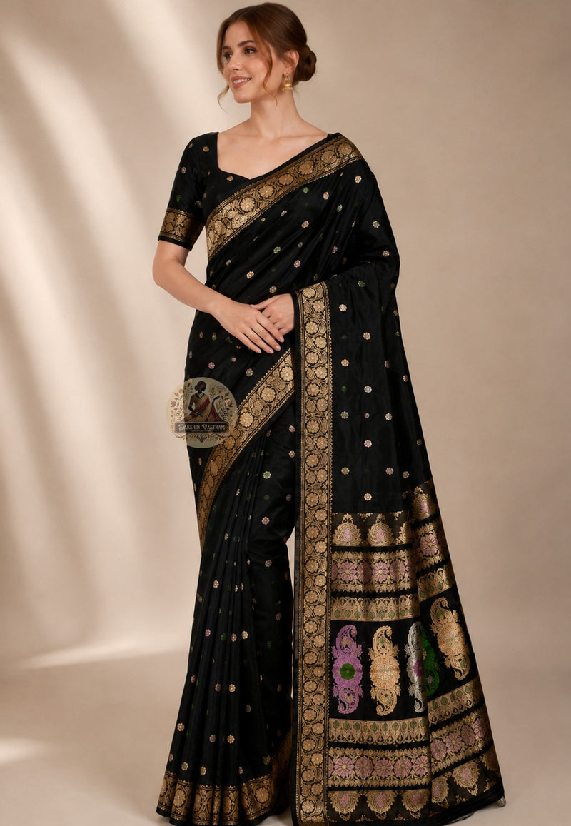 Front view of premium Swarnachari handloom silk saree with golden zari border at the threshold of Bengal's craft and occasion, mythological compositions poised, West Bengal pit-loom