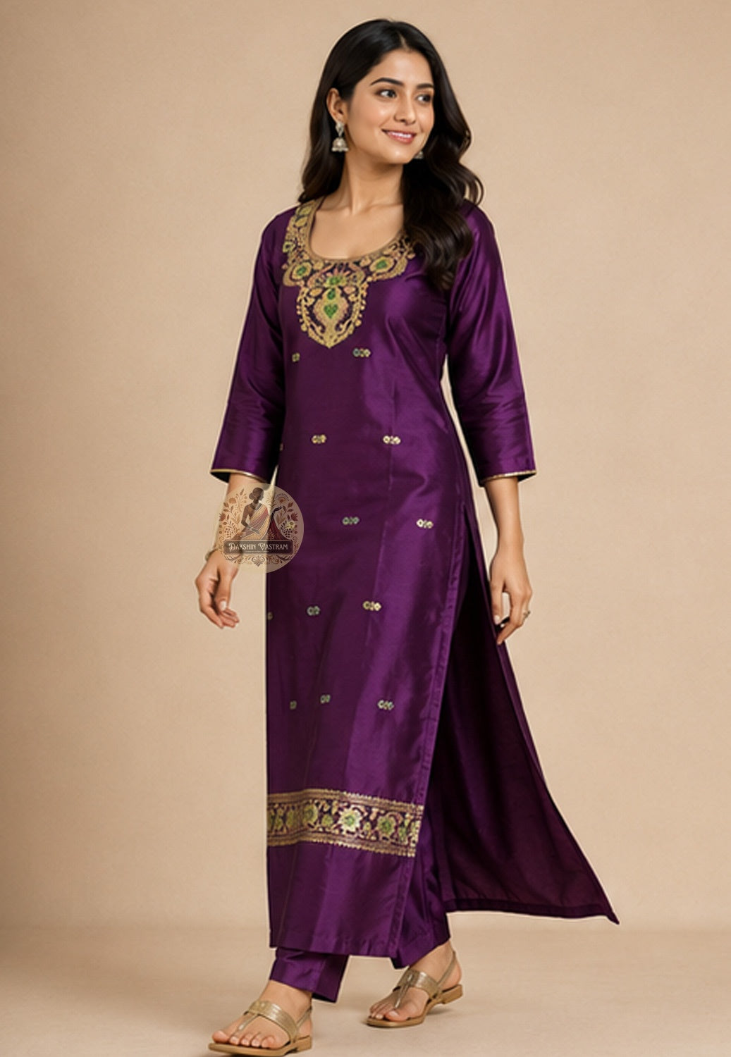 Traditional Baluchari narrative weave border motif on Violet Mulberry silk kurti fabric – handloom craft from Bishnupur