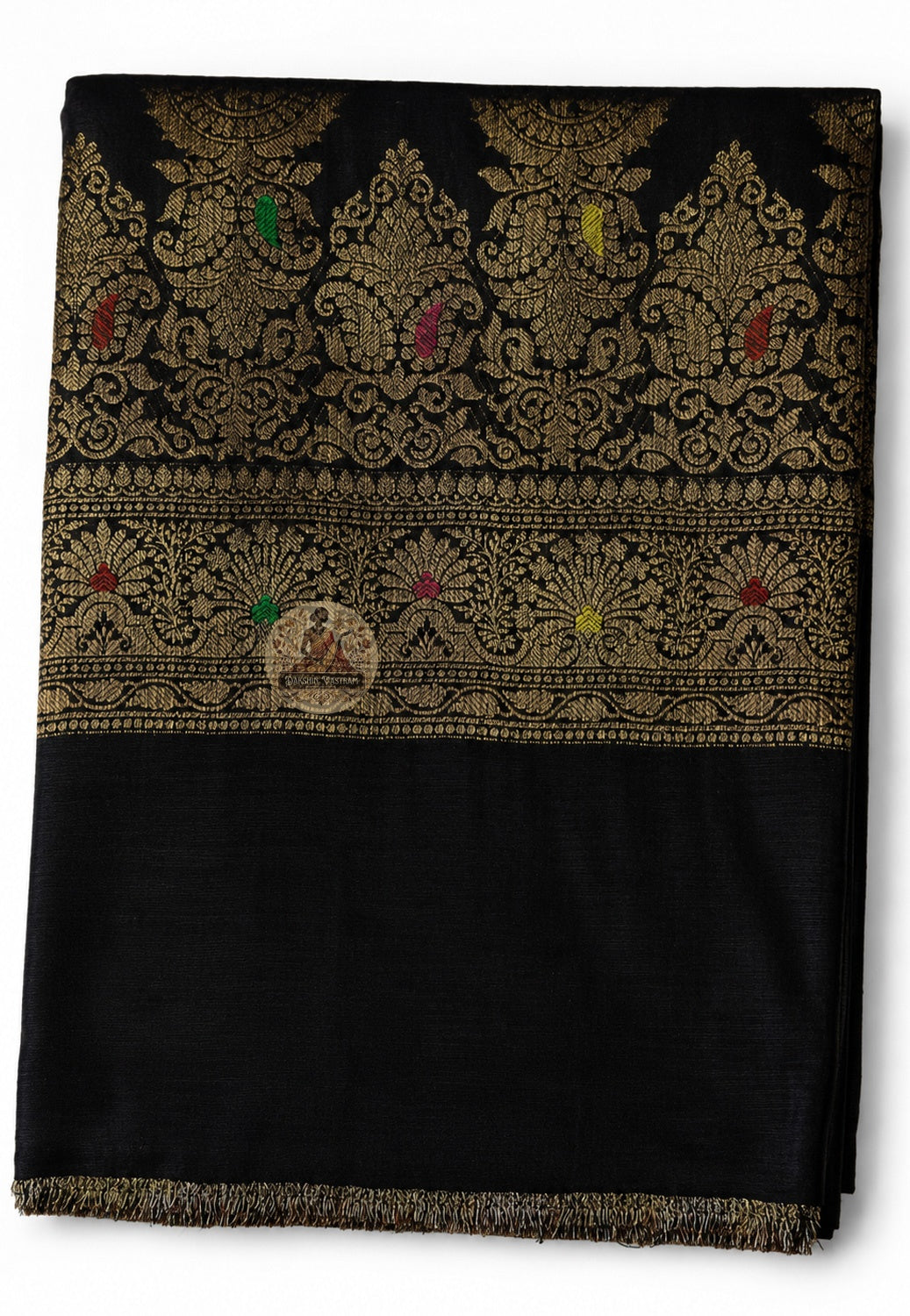 Detailed close-up of Banarasi zari pallu on pure Muga Tussar Saree with traditional paisley and geometric motifs in gold thread