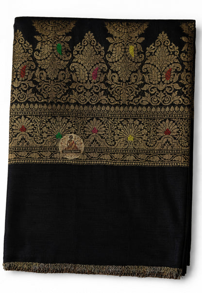 Detailed close-up of Banarasi zari pallu on pure Muga Tussar Saree with traditional paisley and geometric motifs in gold thread