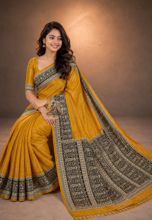 Side view of Ghicha Tussar Silk Saree showing graceful drape and natural fall, lightweight handwoven silk perfect for Dussehra evenings and festive occasions in Varanasi