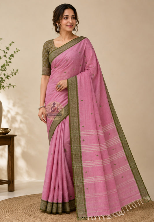 Front view of pure cotton handloom saree without blouse piece, perfect for Durga Puja and festive occasions