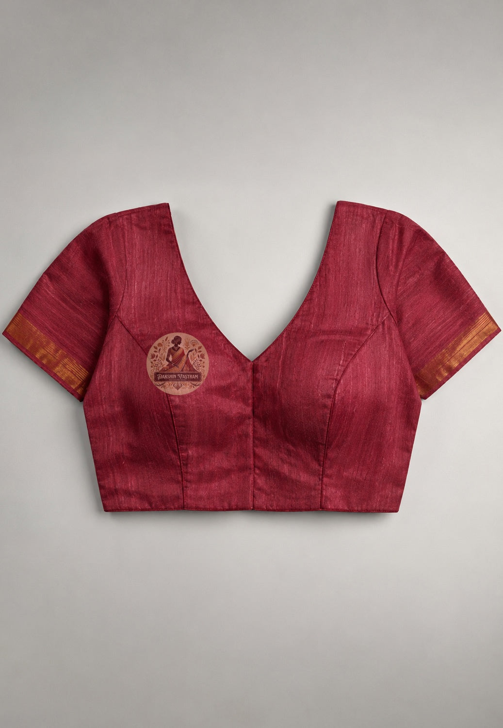 Close-up of matching blouse piece of Ghicha Tussar Silk Saree showing raw silk texture and natural colour, suitable for festive and ceremonial occasions