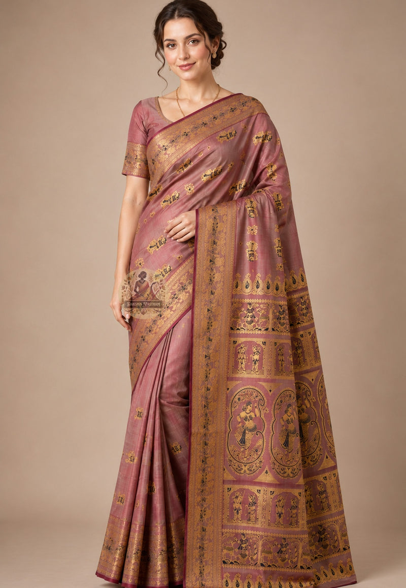 Front view of handloom Baluchari pure silk saree from Bishnupur West Bengal with narrative Mahabharata and Ramayana motifs woven directly into silk on traditional pit loom