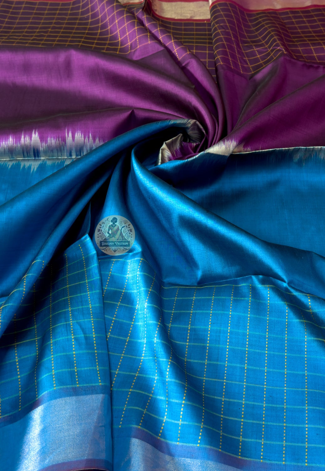 Macro close-up of handwoven motifs on Bishnupur Katan Silk Saree, revealing intricate Bengal folk and temple art patterns woven into the pure mulberry silk — celebrating centuries of craft
