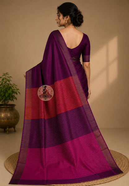 Rear view of Bishnupur Pure Katan Silk Saree displaying the richly handwoven pallu with traditional Bengali motifs inspired by Bishnupur's temple architecture and natural world