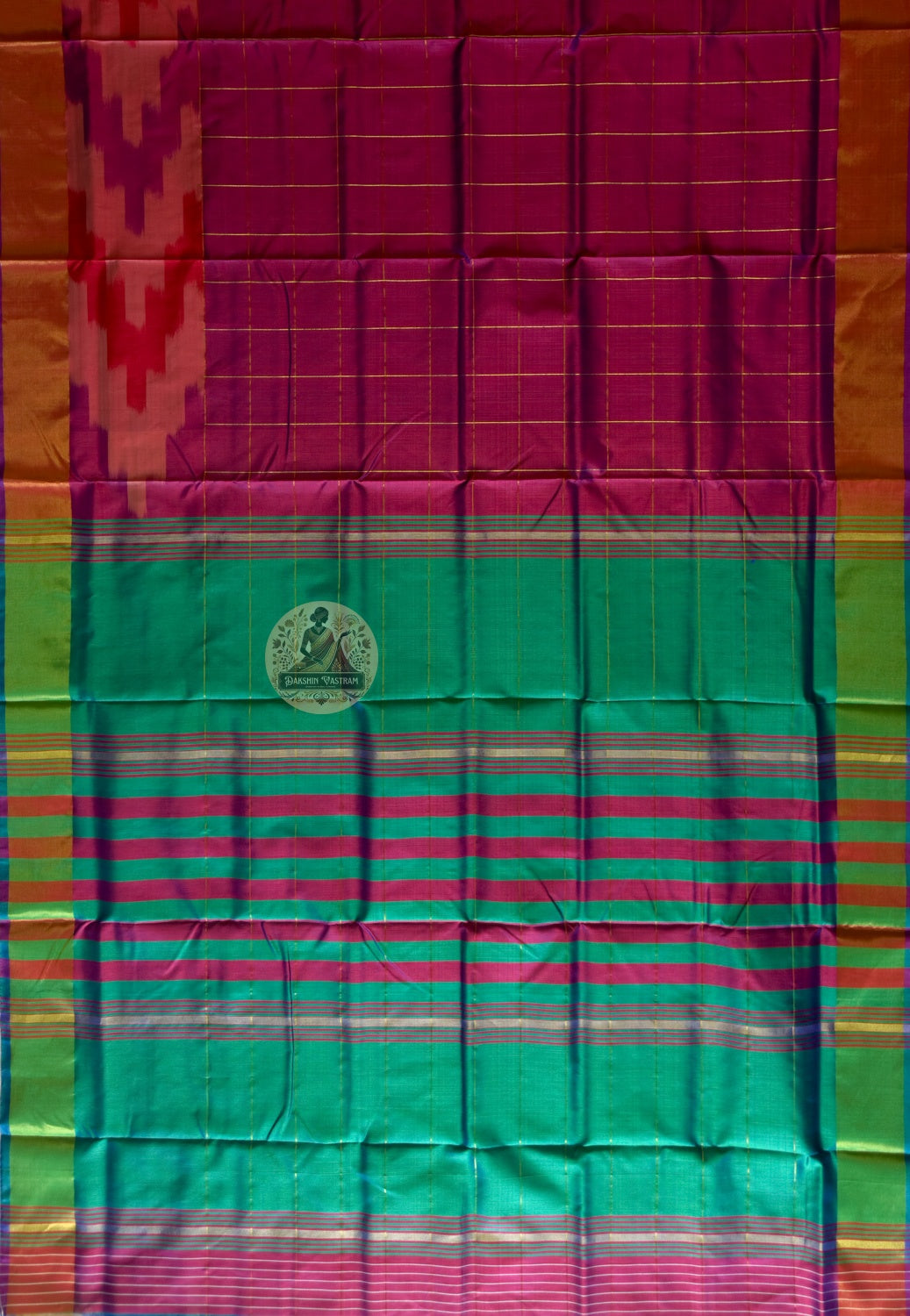 Full flat-lay of Bishnupur Pure Katan Silk Saree showing complete handloom weave, woven border design and richly patterned pallu from Bengal