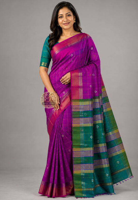 Bishnupuri handwoven katan silk saree front view – timeless Bengal heritage drape with natural silk lustre, perfect for weddings and Durga Puja celebrations
