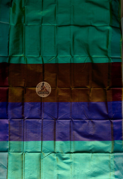 Full flat-lay view of Bishnupur Pure Katan Silk Saree showing complete handwoven silk body, traditional Bengali motif border, and richly detailed pallu — Durga Puja 2026 Collection new arrival