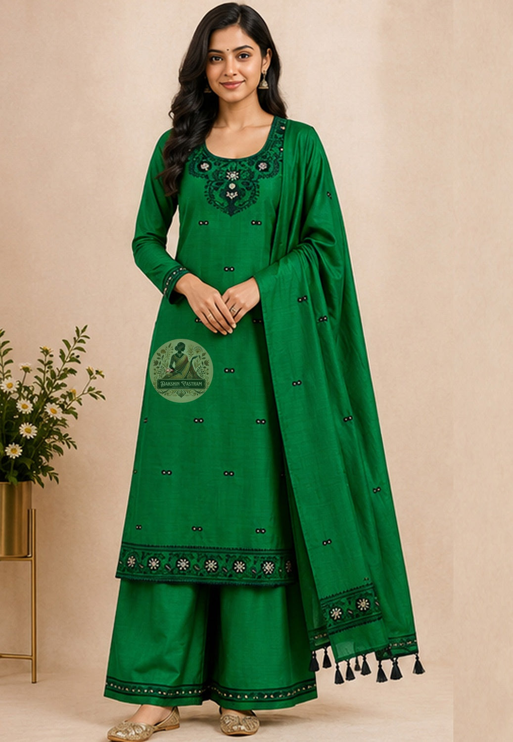 Unstitched Baluchari silk kurti fabric in forest green with resham woven neckline and border motifs — Dakshin Vastram