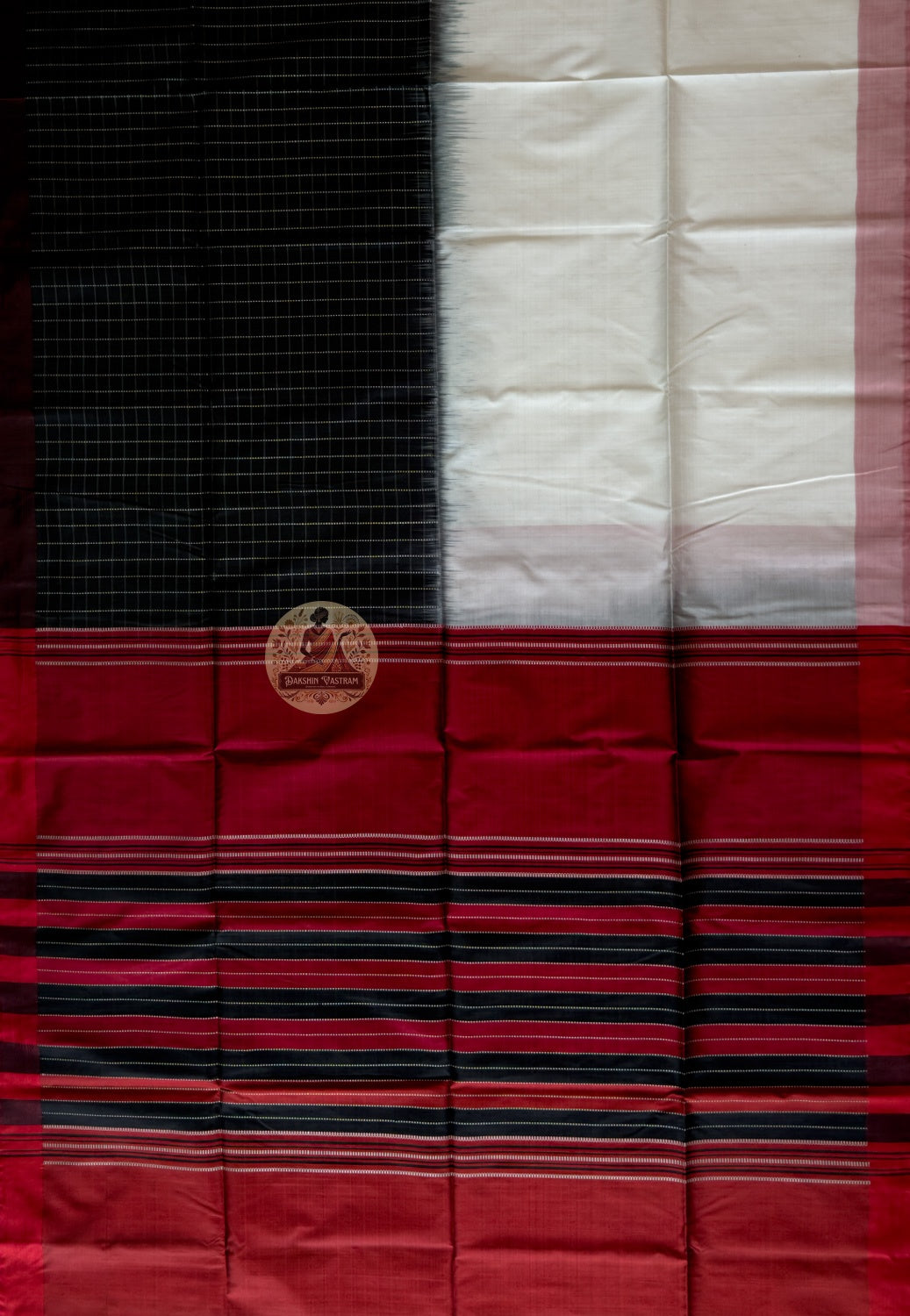 Full flat-lay of Bishnupur Pure Katan Silk Saree displaying complete handloom weave, woven border, and pallu — authentic Bengal handloom craft