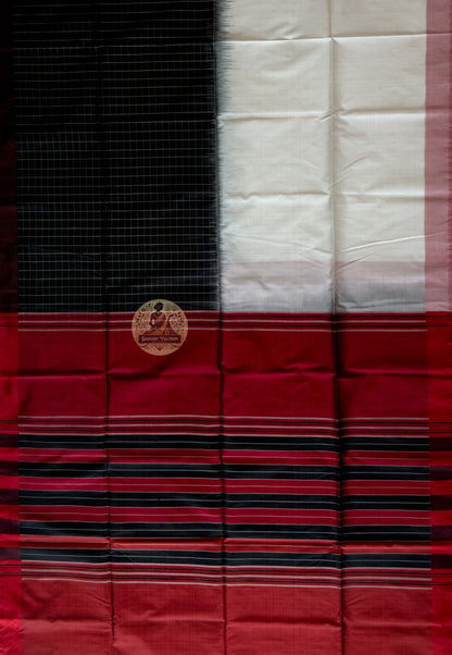 Full flat-lay of Bishnupur Pure Katan Silk Saree displaying complete handloom weave, woven border, and pallu — authentic Bengal handloom craft