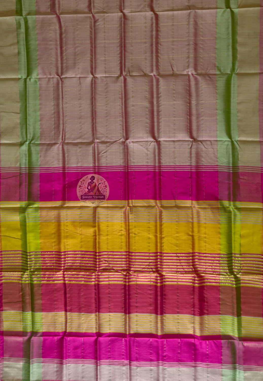 Full flat-lay of Bishnupur Pure Katan Silk Saree displaying the complete handloom weave, woven border and richly patterned pallu from Bishnupur, West Bengal