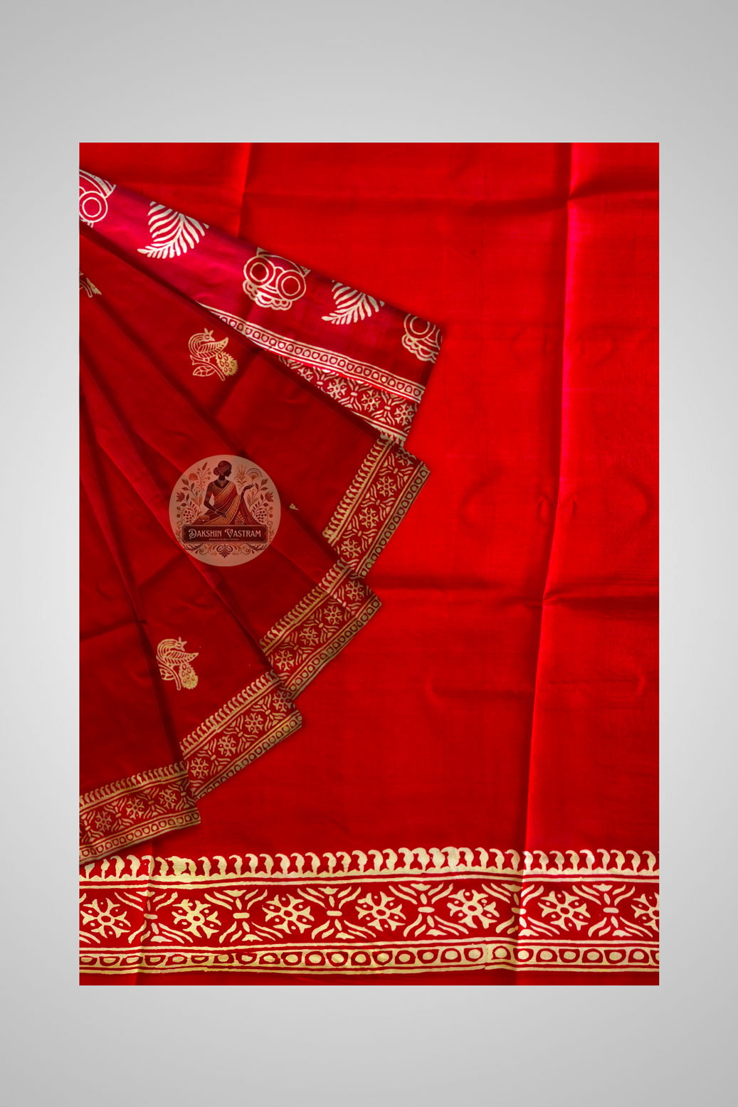 Bishnupur block print saree pallu detail – hand-carved wooden block motifs from Bengal's terracotta temple heritage, unique to every piece | Dakshin Vastram