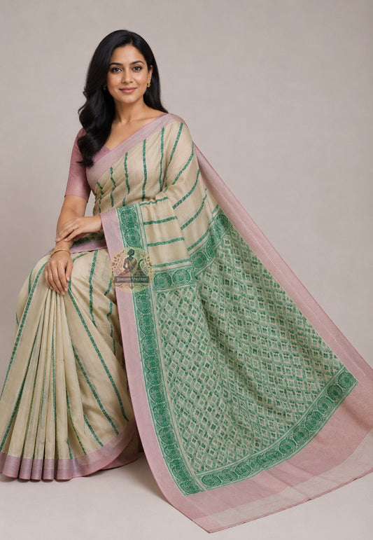 Close-up of West Bengal Tussar silk showing natural autumn-toned slub thread, warm earthy texture and handloom weave density — wild seasonal silk