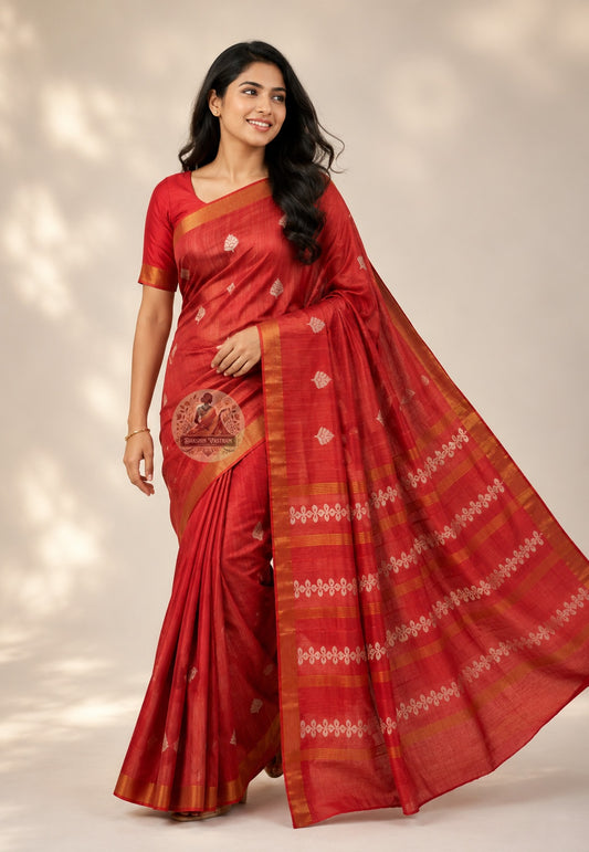 Side view of handwoven Ghicha Tussar Silk Saree showing elegant fall and earthy texture, lightweight silk perfect for Chhath Puja and festive occasions across India
