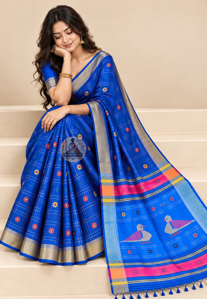 Front view of Bishnupur Katan silk saree showing smooth structured silk drape and depth of colour with traditional Bengal motifs across the body